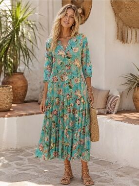 Sunday Mi Amor Anthropologie Aqua Floral Boho Tiered Maxi Dress XS